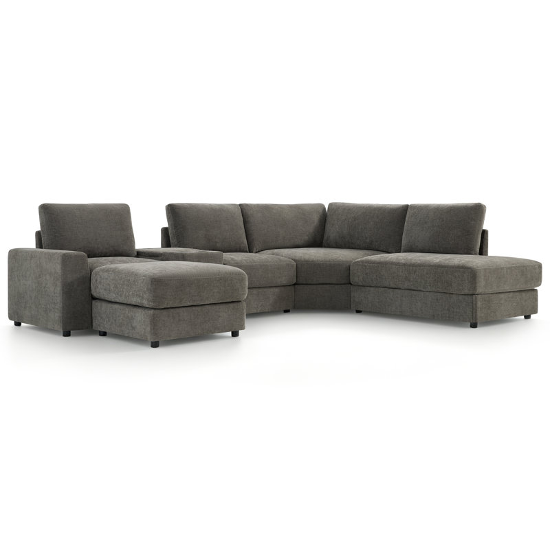 Canapé modulaire en chenille modulaire en U de 118 po à 6 places avec méridienne, repose-pieds et console de chargement Everett
