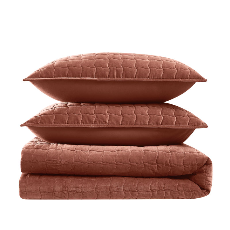Brooklyn Loom Matte Cotton Velvet Wavy Square Stitch Quilt Set, Rust, Twin Extra Long Quilt + 1 Twin Sham