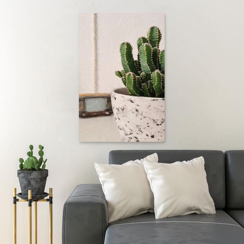 Cactus vert en pot de céramique blanc 3 - 1 pièce, reproduction d'art graphique sur toile tendue, H 14 po x l 11 po
