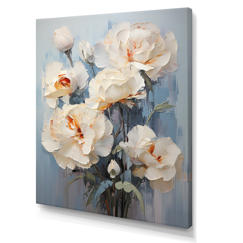 Œillets beiges sur fond bleu II sur toile, Toile tendue, H 32 po x l 24 po x P 1 po