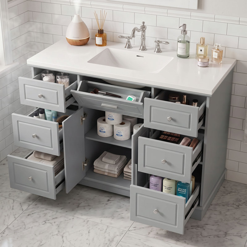 Meuble-lavabo simple de 122 cm (48 po) avec comptoir en surface solide intégré, armoire de rangement à 7 tiroirs, portes à fermeture amortie, style traditionnel autoportant