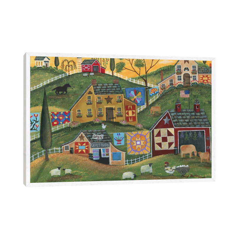 Country Quilt Barn by Cheryl Bartley - Painting on Canvas, 66.04cm H x 101.6cm W x 3.81cm D, White Framed
