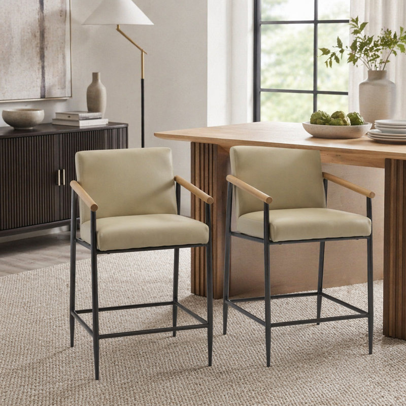 Ensemble de 2 tabourets de comptoir de style moderne Mid-Century avec structure en métal et accoudoirs en bois