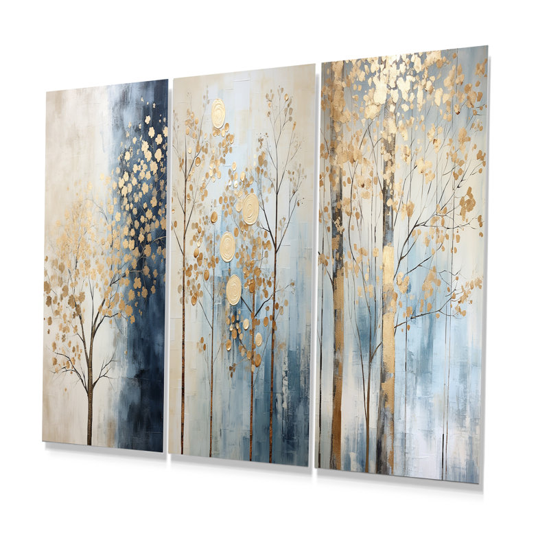 Ensemble de 3 décorations murales en métal doré et bleu Treasure Trees, H 28 po x l 36 po