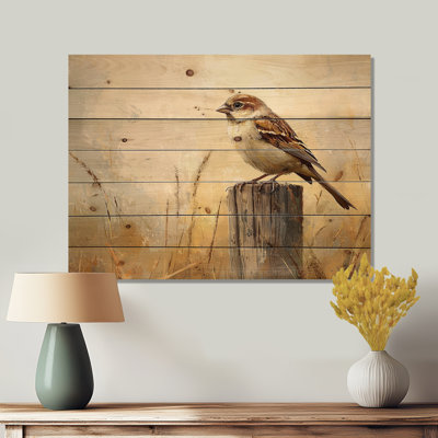Old Sparrow Bird On A Fence Post II - Bird Wood Wall Decor - On Natural Pine Wood