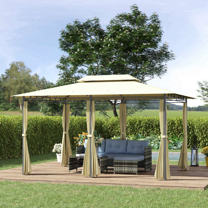 Pavillon de jardin 10 'x 13', abri de jardin avec auvent avec rideaux, toit ventilé, structure en acier toutes saisons, pour jardin, pelouse, cour et terrasse, blanc crème