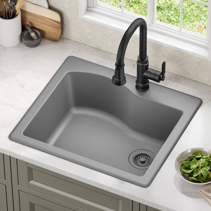 KRAUS Dual Mount Bowl Granite Kitchen Sink w/ Top Mount and Undermount Installation, Grey, 25" Single Bowl