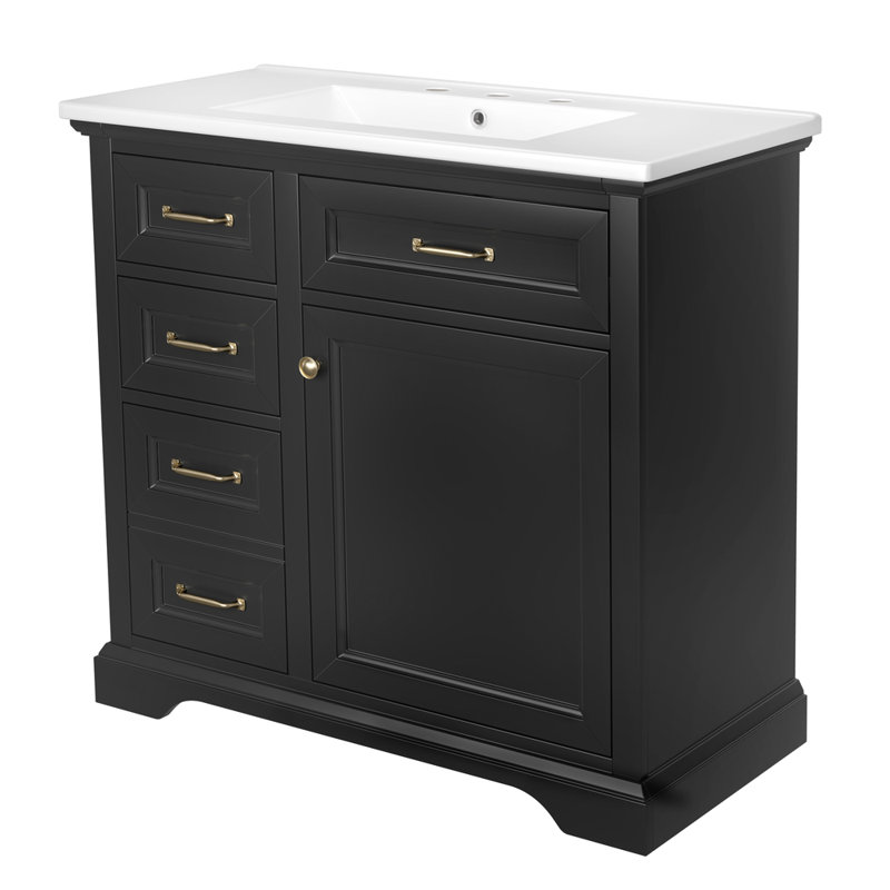 Meuble-lavabo autoportant de 36 po avec comptoir en céramique avec 4 tiroirs, porte à fermeture en douceur et trous de robinet pré-percés de 8 po (noir)