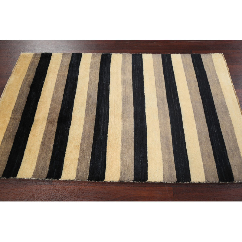 Tapis noir / beige en laine noué à la main de conception unique 3 pi 1 po x 4 pi 10 po New Age