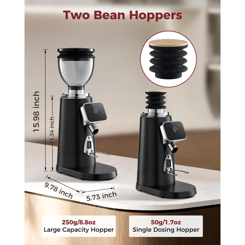 Moulin à café plat avec moules espresso Tuni G3 64 mm, ensemble de moulin à espresso électrique 100 réglages de mouture | Écran tactile de précision de qualité commerciale | Technologie antistatique | Acier inoxydable (noir)