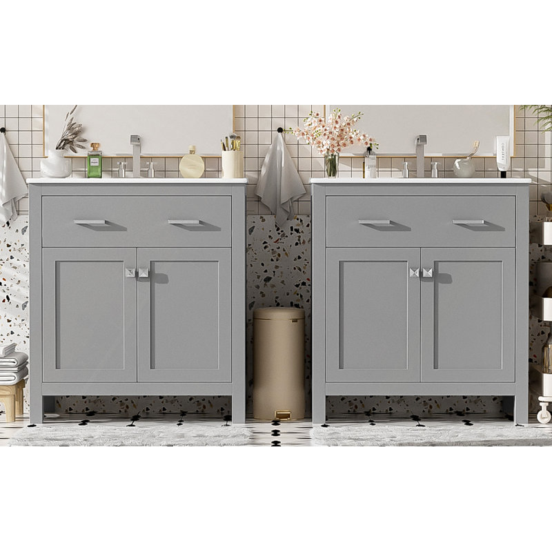 Ensemble de meuble-lavabo moderne avec lavabos doubles (séparés), lavabos doubles en céramique, tablette réglable, portes à fermeture en douceur et tiroir rabattable - Solution de salle de bain moderne pour salles de bain spacieuses