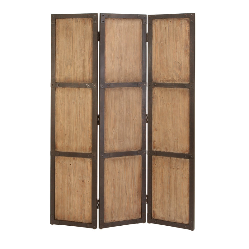 Brown Fir Wood and Metal 3-Panel Folding Privacy Screen