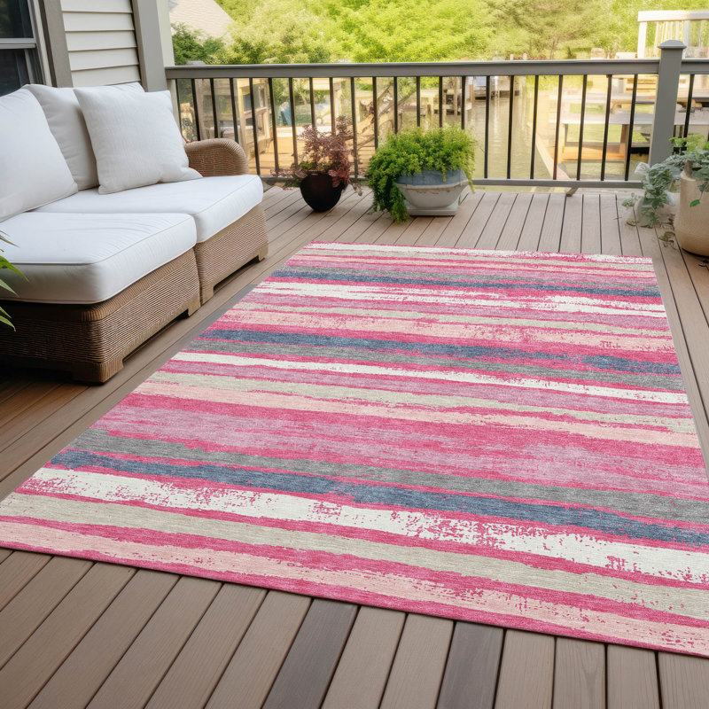 Pink and Gray Striped Washable Synthetic Area Rug