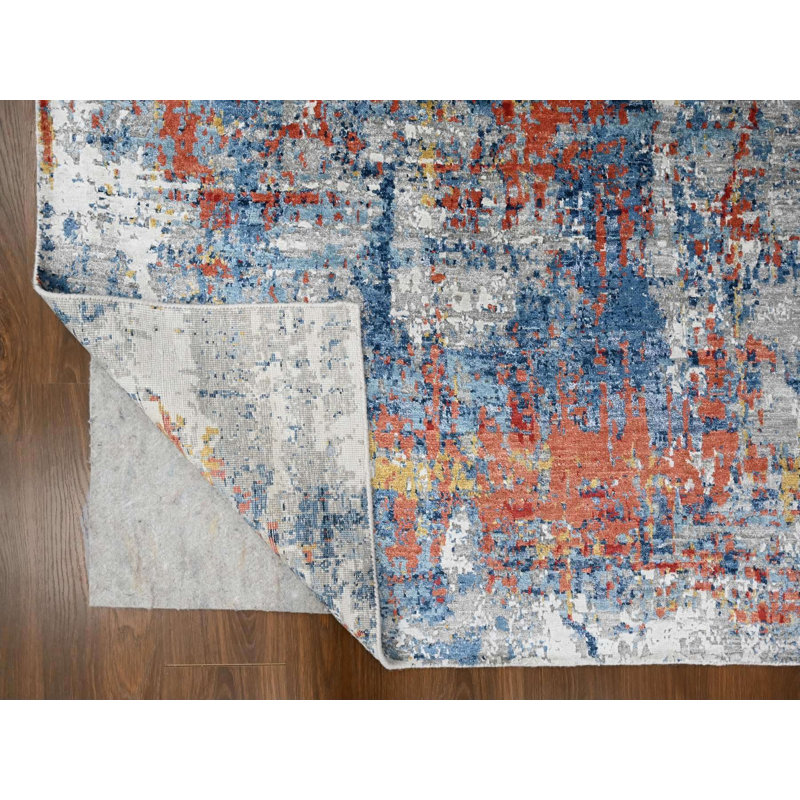 Tapis oriental bleu en soie noué à la main 8 pi 9 po x 11 pi 7 po - MOA10210213