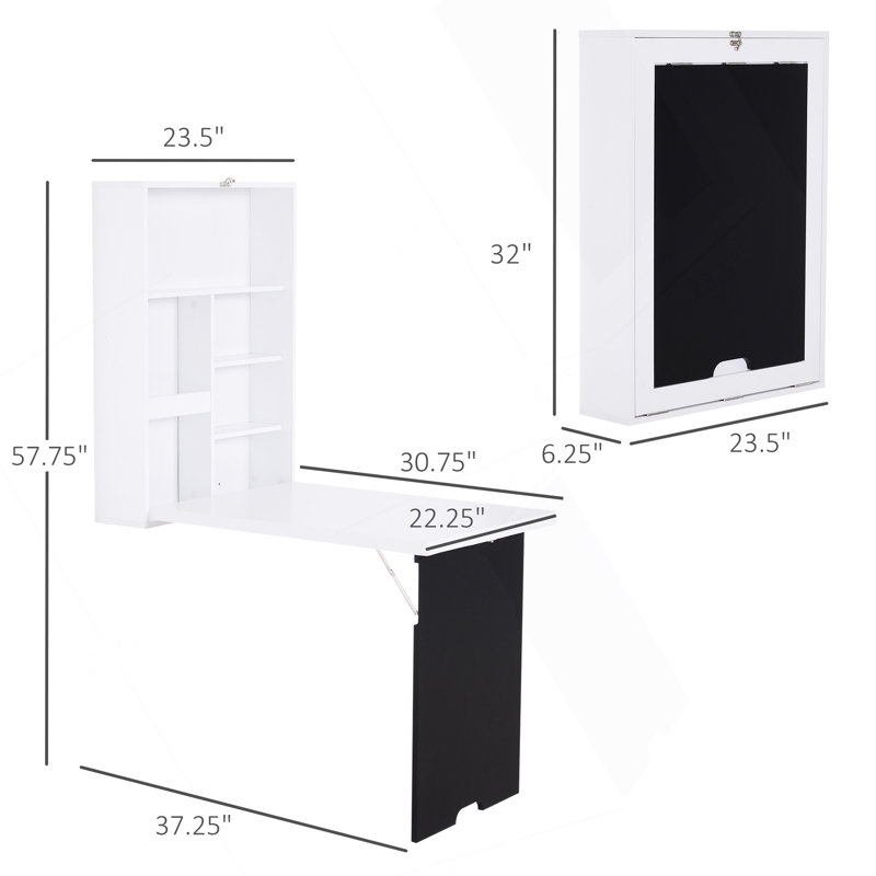 Wall Mounted Foldable Desk With A Blackboard, Fold Out Convertible Floating Desk With Shelves, White