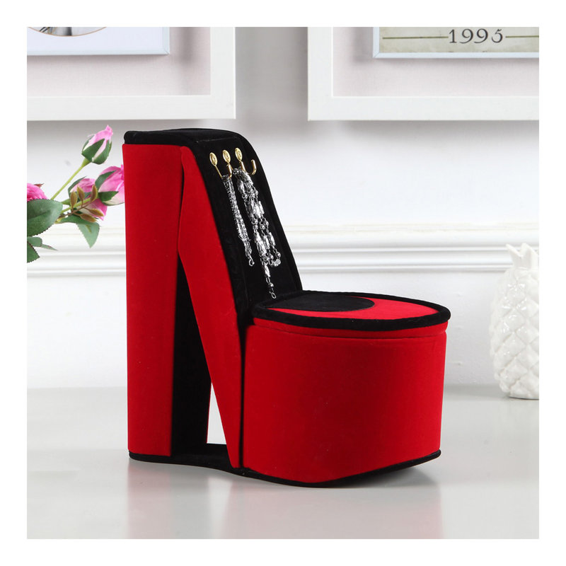 Boîte à bijoux de 9 po de hauteur avec crochets, chaussures à talons hauts, Rouge