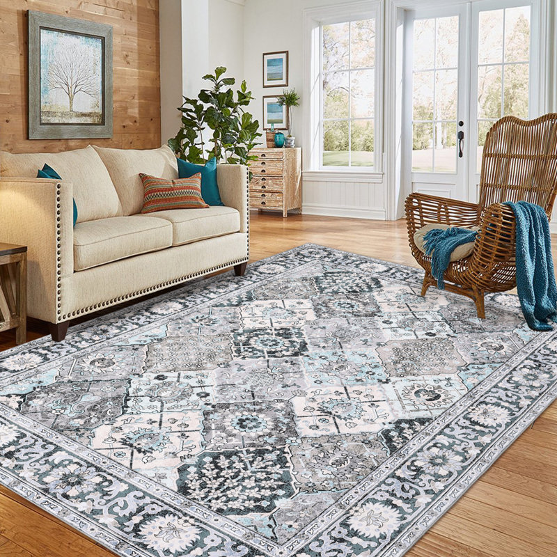 5'x7' Vintage Distressed Pattern Washable Area Rug. Non-Slip Low Pile Pearl Velvet Carpet for Living Room. Gray Green, Green