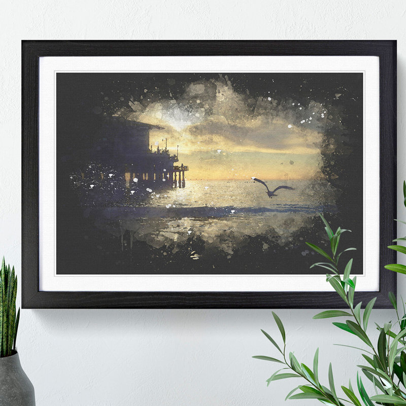 Seagull by The Pier Paint Splash - Picture Frame Graphic Art, 36cm H x 48cm W x 2cm D, Black
