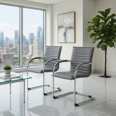 Neni Office Chair Set Of 2, Foam Fill Gray Vinyl, Chrome Cantilever