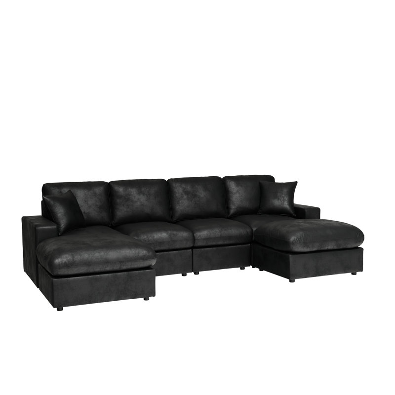 Sofa de coin Mountster avec deux poufs, Polyester noir