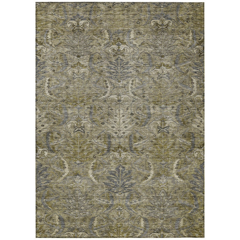 9' X 12' Taupe And Gray Damask Washable Indoor Outdoor Area Rug