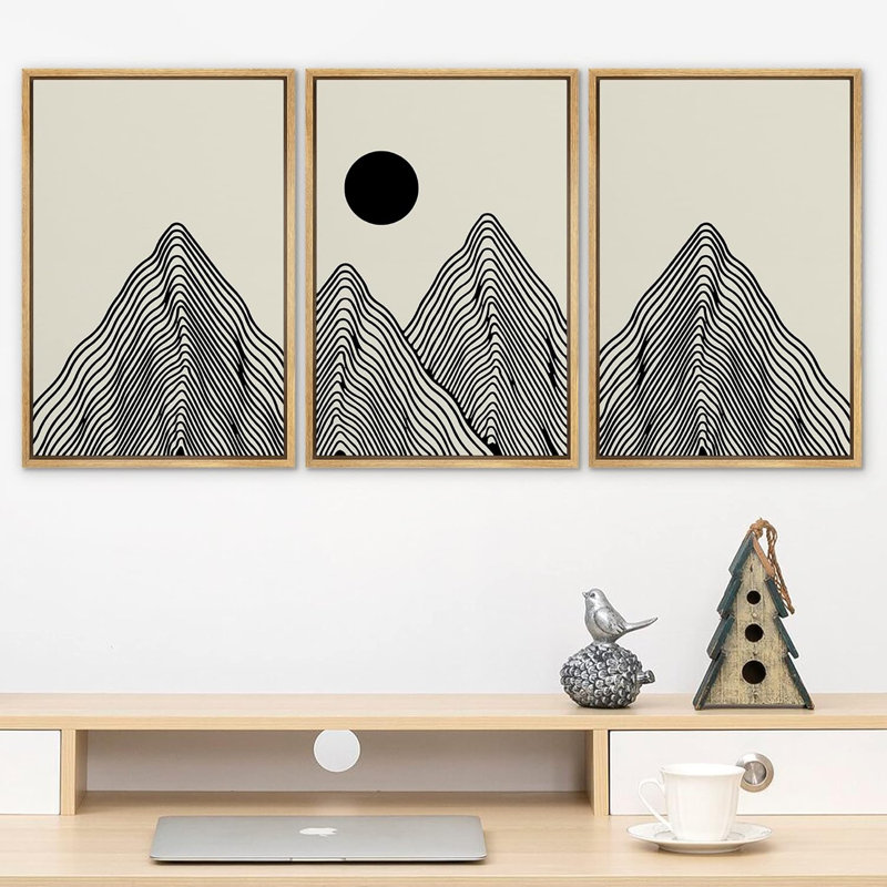 Modern Geometric Landscape Black and Beige Framed Canvas Art Set