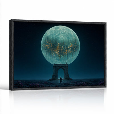 Toile murale d'Halloween avec lune bleue lumineuse et cité fantastique sur pierre