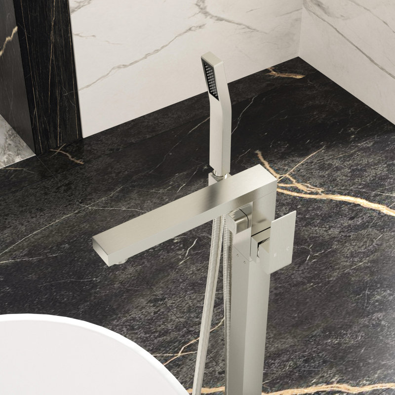 Floor Mounted Tub Filler With Brushed Nickel Finish, Lead - Brass, Smooth Dual Temperature Handles, 360° + 90° Spout Movement, Splash Proof Faucet Handheld Shower, Solid Brass Construction, Ceramic
