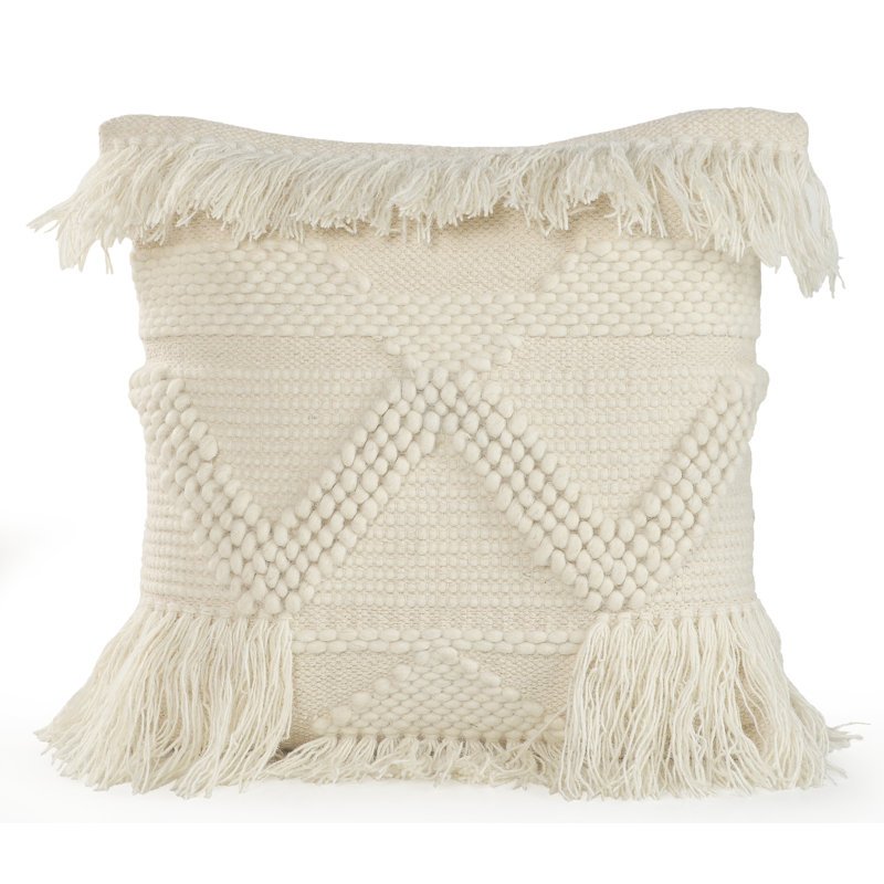 Ivory Coastal Fringed Textured Throw Pillow