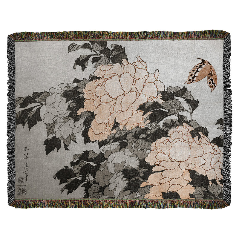 Jeté en coton à pivoines et papillons, Orange et gris