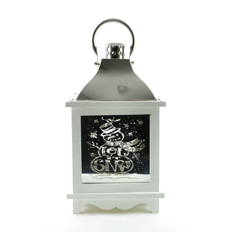 White Wooden Christmas Lantern with Warm White LED Light and Let It Snow Design