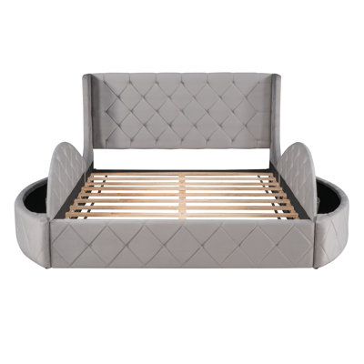 Lit plateforme tapissier en velours avec tête de lit à oreilles et 1 grand tiroir, 2 tabourets de rangement latéraux