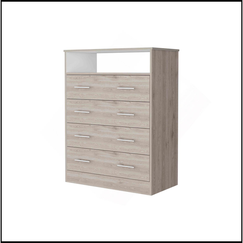 Commode à quatre tiroirs Lagos, une tablette, plateau supérieur, gris clair et blanc, Beige