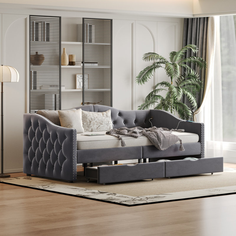 Full Size Boucle Bed Frame, Upholstered Cloud Bed Frame With Headboard, With 2 Storage Drawers And 2 USB Charging Design, Solid Wood Legs And Slats, No Box Spring Needed,Grey Full
