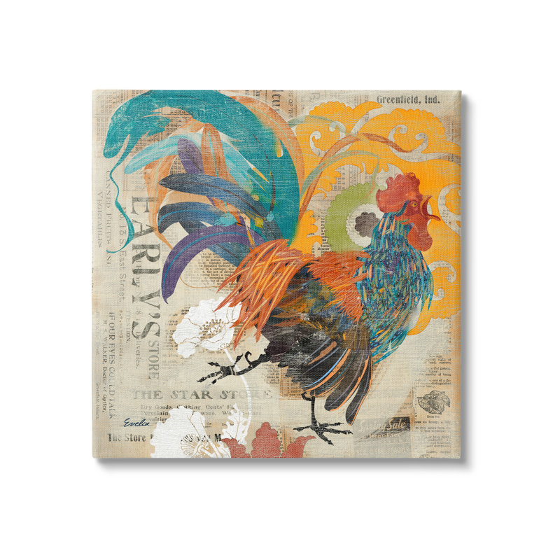 «Country Rooster Vintage Collage» par Evelia Designs, impression sur toile tendue, H 17 po x l 17 po x P 1,5 po