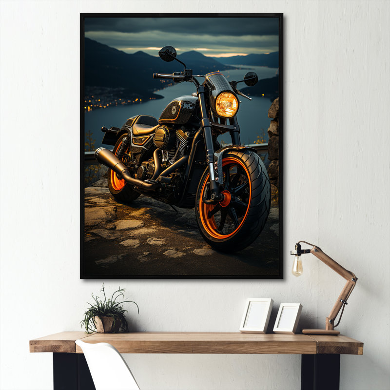 Amandla, orange, moto noire, Wanderlust I, Cadre flottant noir, H 32 po x l 24 po x P 1 po