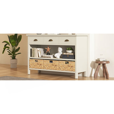 Console rétro avec 3 tiroirs de rangement, table d'entrée avec 3 paniers tissés en jacinthe d'eau, armoire-buffet en bois pour l'entrée, le couloir et le salon