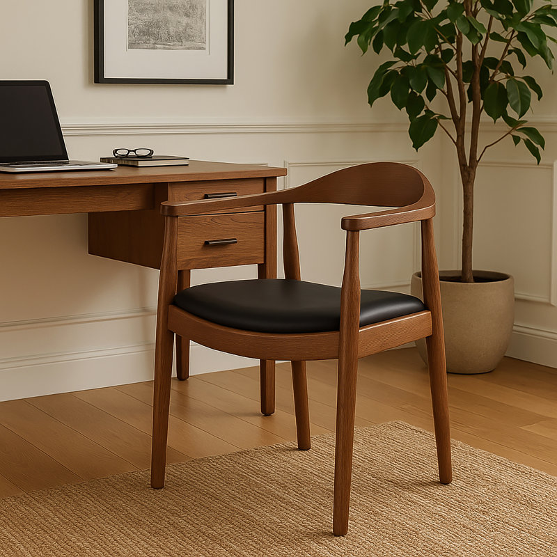 Hashimoto Solid Real Wood Open Back Pu Leather Seat Dining Arm Chair, Espresso