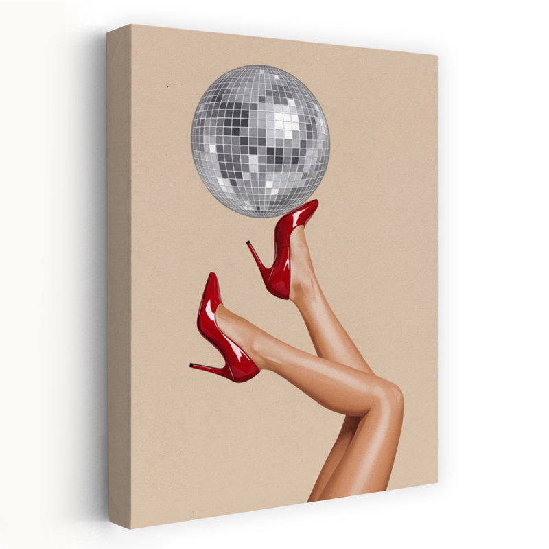 Art mural contemporain abstrait à talons aiguilles et boule disco, H 36 po x l 24 po