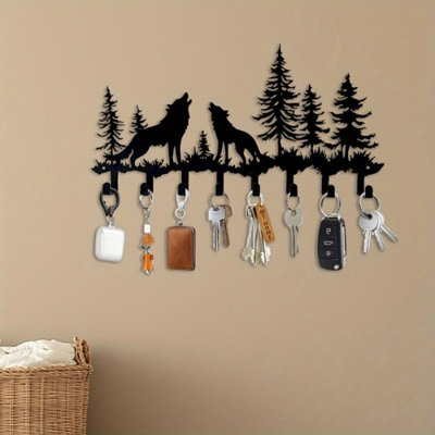 Rustic Wolf Design Key Hooks Wall Mounted Coat Rack Decor - Metal - 1 Piece - Key Hook - Black - Christmas Theme Design