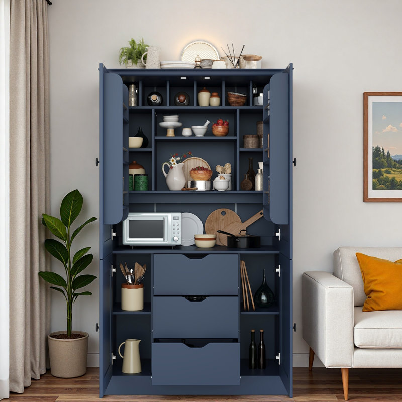 Armoire de cuisine autoportante avec 4 portes, 3 tiroirs, 6 tablettes de porte, tablettes amovibles et 6 porte-bouteilles
