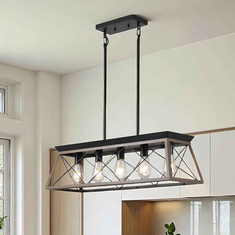 5 - Light Kitchen Island Linear Pendant with Wood Accents, Matte Black/Walnut