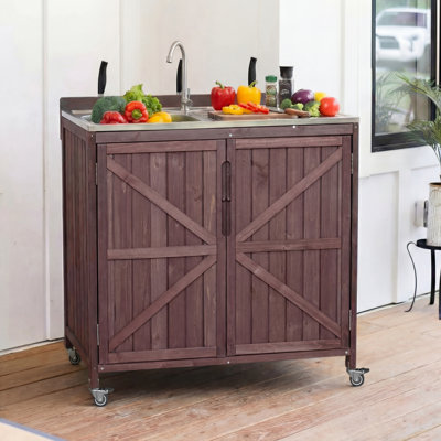 39.4" Outdoor Kitchen Island With 304 Stainless Steel Sink, Solid Wood BBQ Prep Station With Cabinet & Locking Wheels