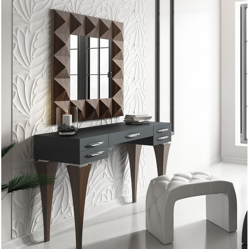 Ensemble de coiffeuse avec miroir Fallinerlea, Noir / brun mat