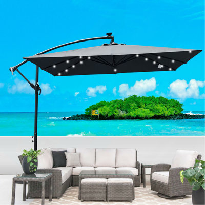 Parasol carré carré de 8X2,5M avec parasol solaire 8 lumières à DEL avec manivelle et base transversale pour terrasse de jardin