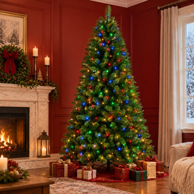 Sapin de Noël artificiel vert pré-illuminé avec lumières DEL bicolores commutables (blanc chaud et multicolore), matériau PE+PVC de qualité supérieure, branches réalistes, support robuste, montage facile, décoration de Noël pour de multiples occasions.