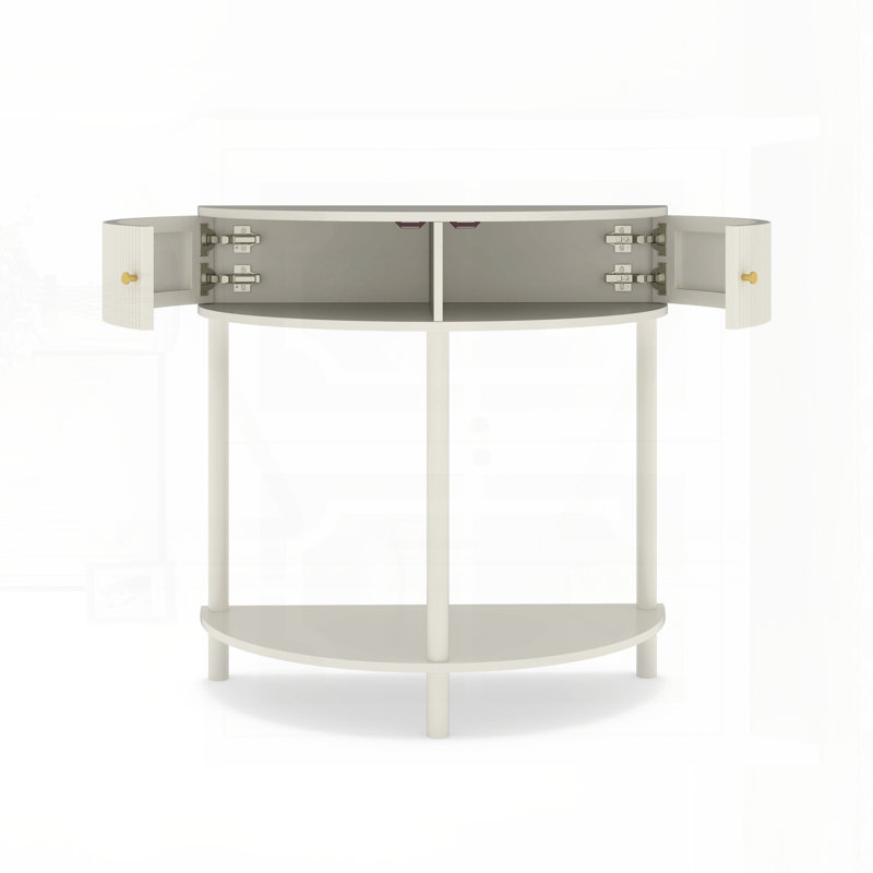 Artisan-Crafted Wave-Pattern Demi-Lune Console Table with Creamy White Finish, White