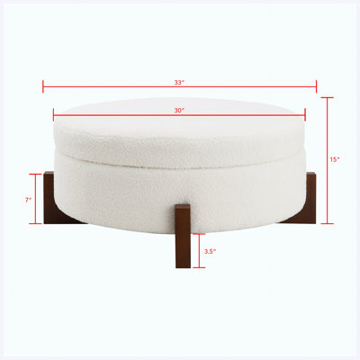 Pouf de rangement rond en tissu crème Teddy de 84 cm (33 po), repose-pieds et assise rembourrée en mousse, pieds en bois de noyer, tabouret moderne pour salon, chambre ou entrée.