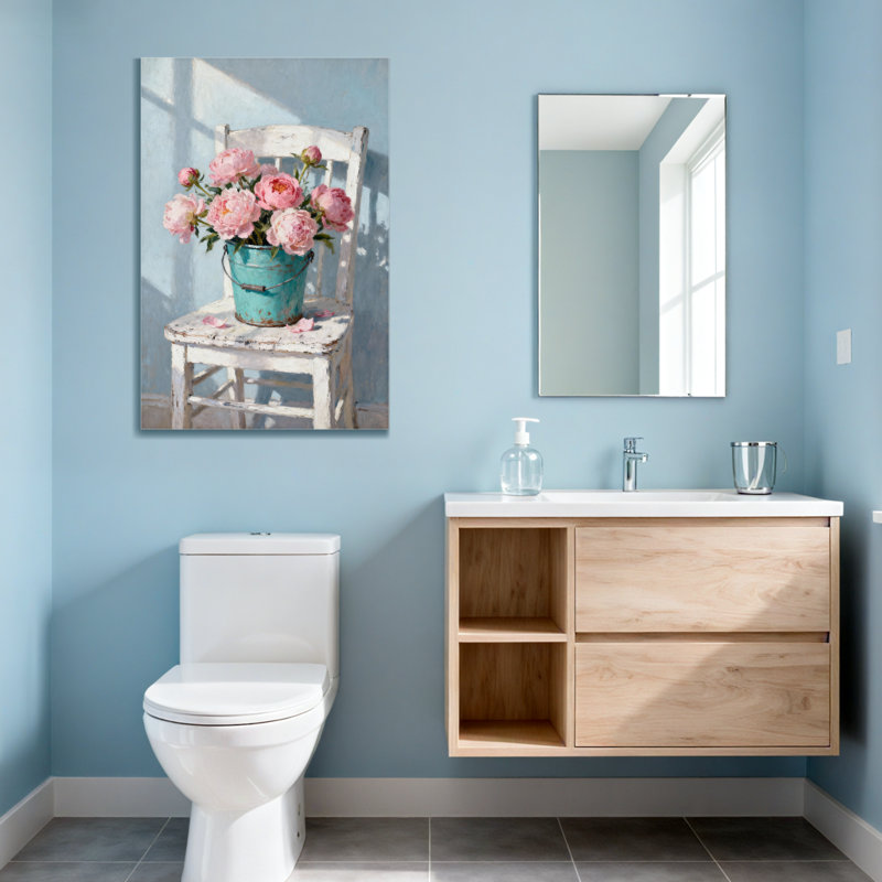 Plantes et fleurs roses roses dans un seau bleu sur une chaise blanche, H 48 po x l 32 po