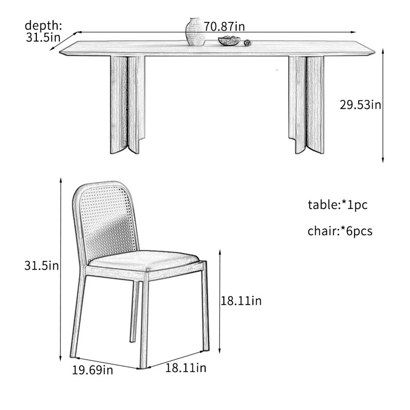 Graceful Solid Wood Multi-layer Dining Table Sets., 29.53"H x 70.87"L x 31.5"W
